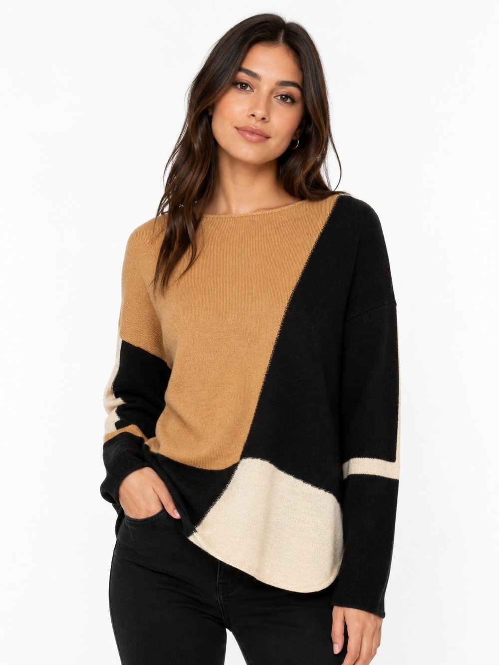 INC International Concepts Colorblock Crewneck Sweater in Camel, Black & Cream